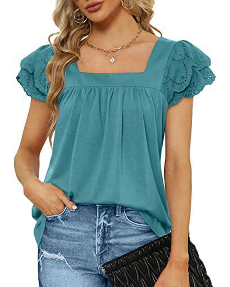 

Squre Neck Ruffle Sleeve Ruched Top, Green