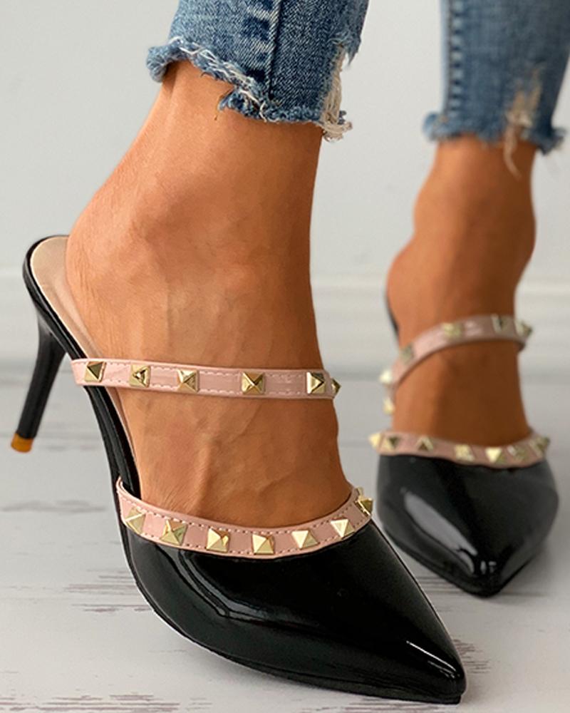 

Rivet Pointed Toe Stiletto Heels, Black