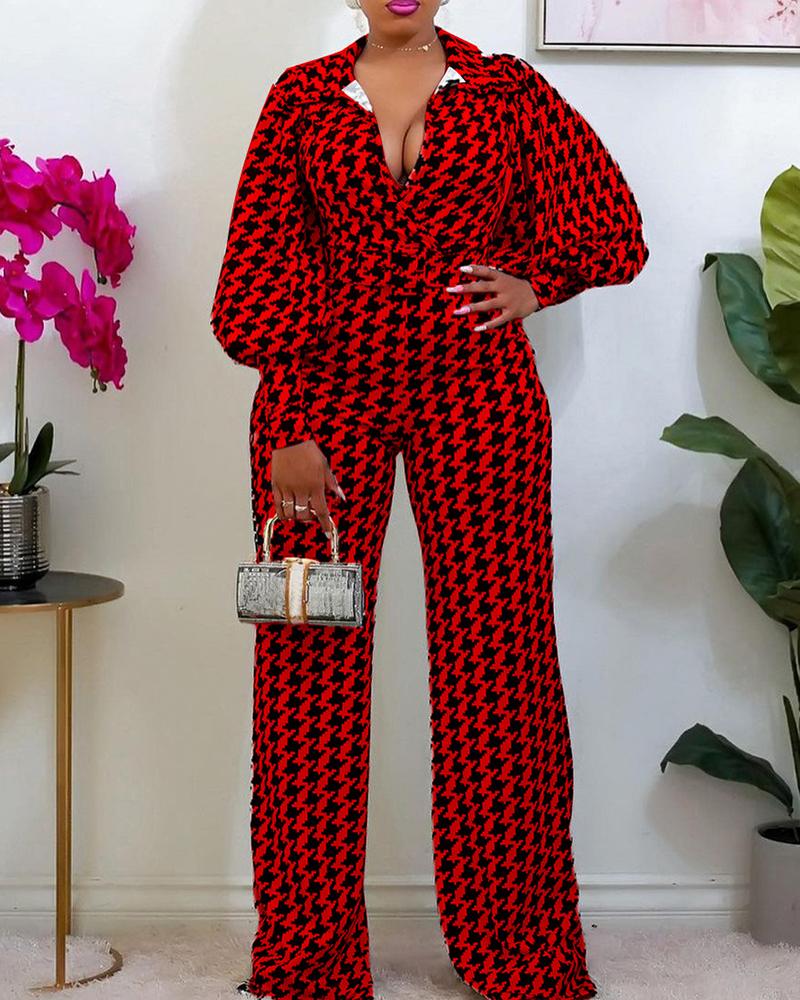 

Houndstooth Print Lantern Sleeve Wide Leg Jumpsuit, Red