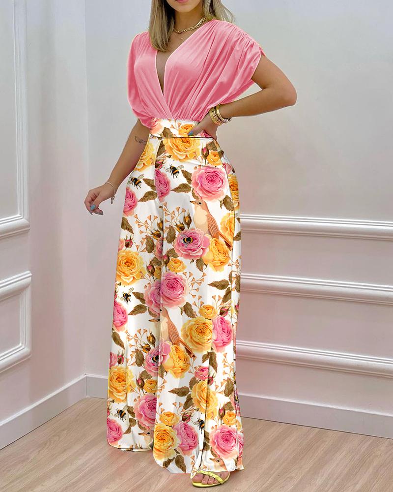 

Batwing Sleeve Wrap Top & Floral Print Wide Leg Pants Set, Pink