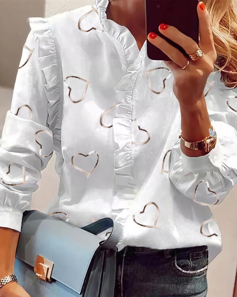 

Frill Hem Long Sleeve Heart Print Top, White