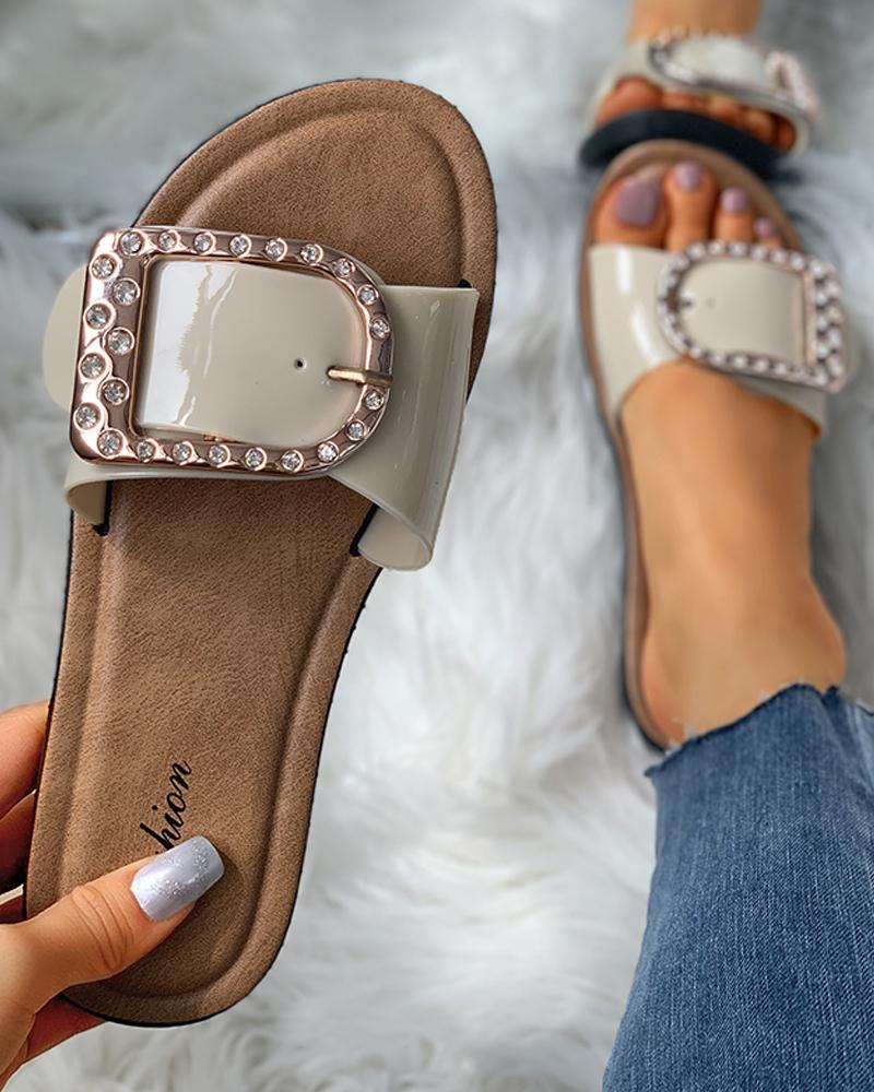 

Studded D-Buckle Design Flat Sandals, Beige