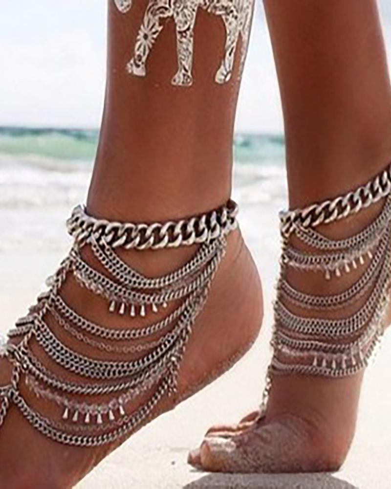 

Drop Tassel Layered Chain Anklet, Silver