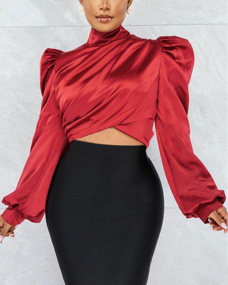 

Puff Sleeve Ruched Detail Long Sleeve Crop Top, Red