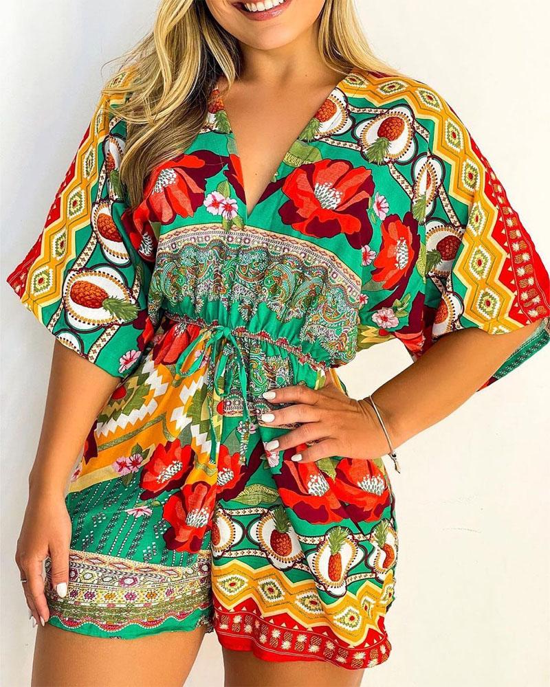 

Floral Pineapple Print V-Neck Drawstring Romper, Multicolor
