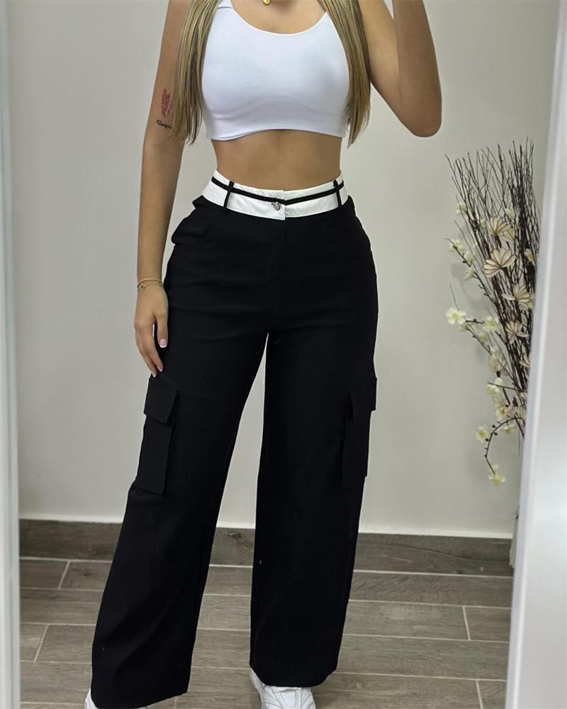 

Colorblock Pocket Design High Waist Cargo Pants, Black