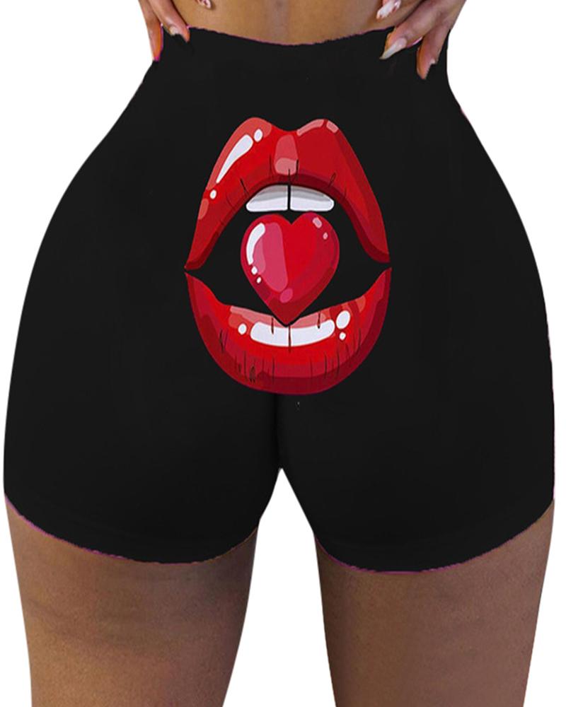 

Lip Heart Print High Waist Butt Lifting Yoga Shorts, Style3