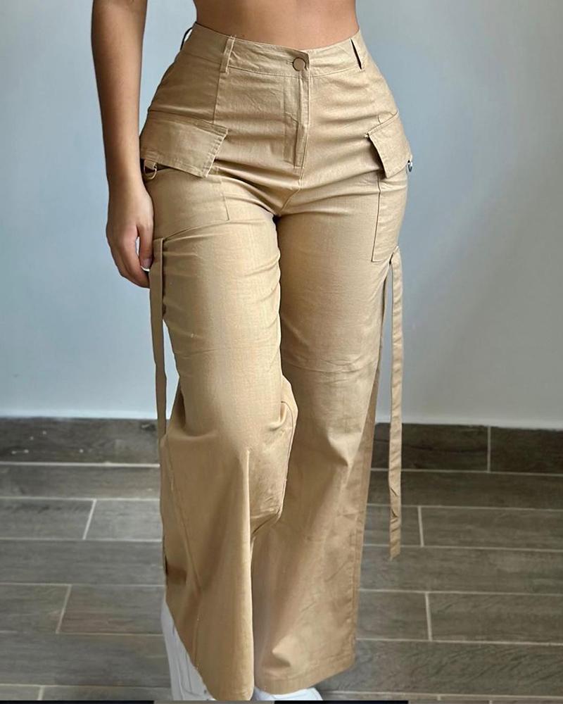 

Pocket Design Straight Leg Cargo Pants, Khaki