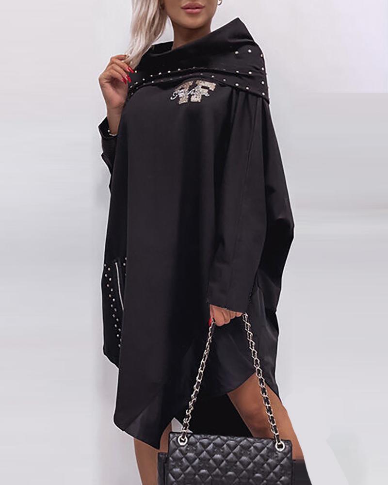 

Letter Print Asymmetrical Rhinestone Embroidery Dress, Black