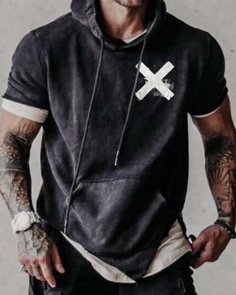 

X Pattern Print Short Sleeve Hooded Sweatshirts, Black