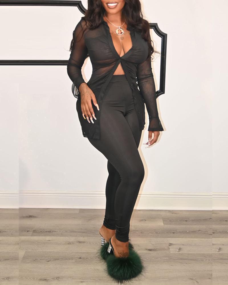 

Sheer Mesh Buttoned Ruched Shirt & Pants Sets, Black