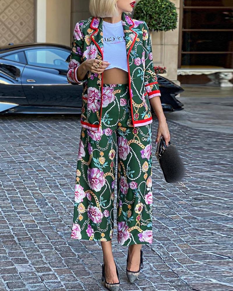 

Floral Scarf Print Blazer Coat & Wide Leg Pants Set, Green