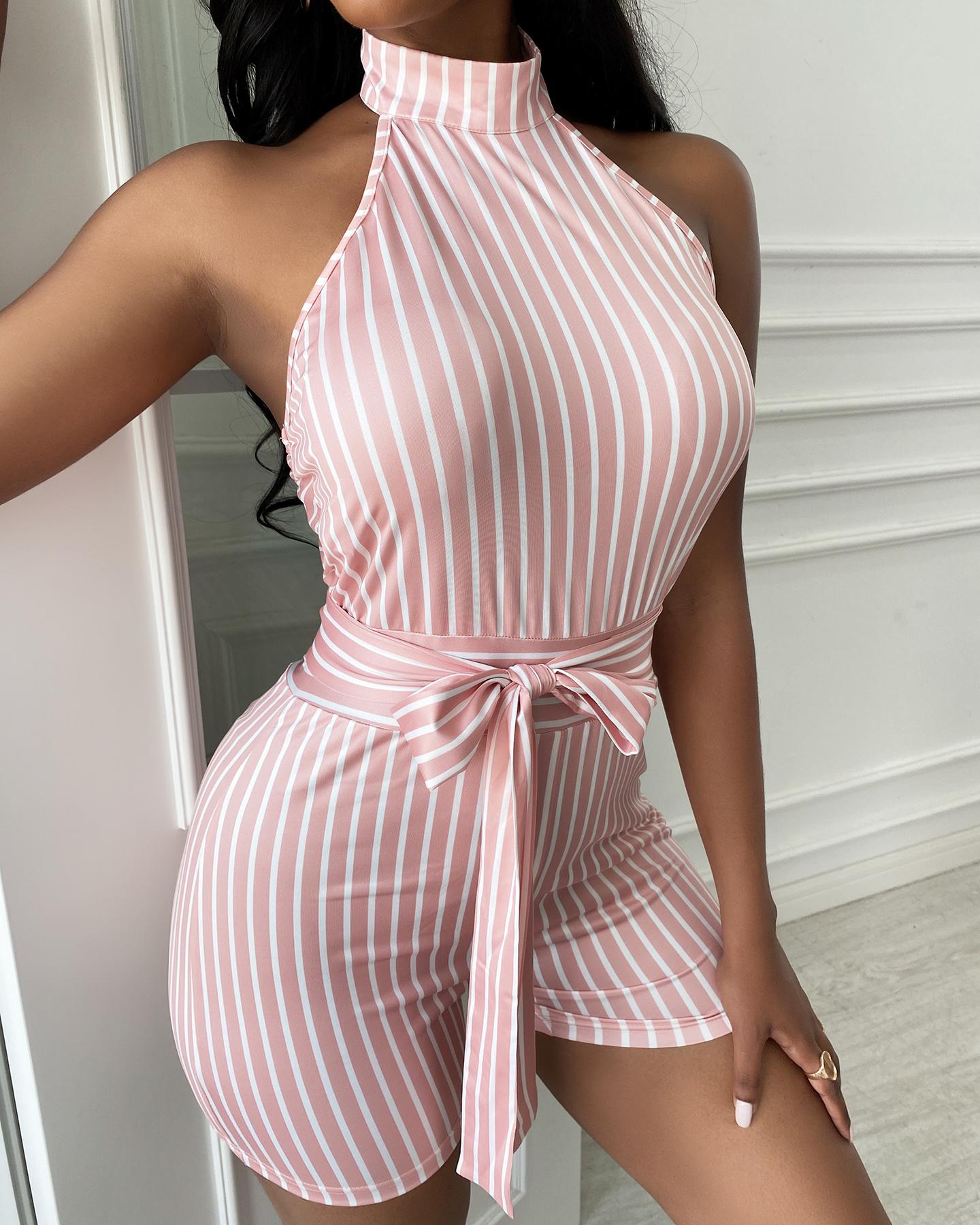 

Halter Striped Print Sleeveless Romper With Belt, Pink