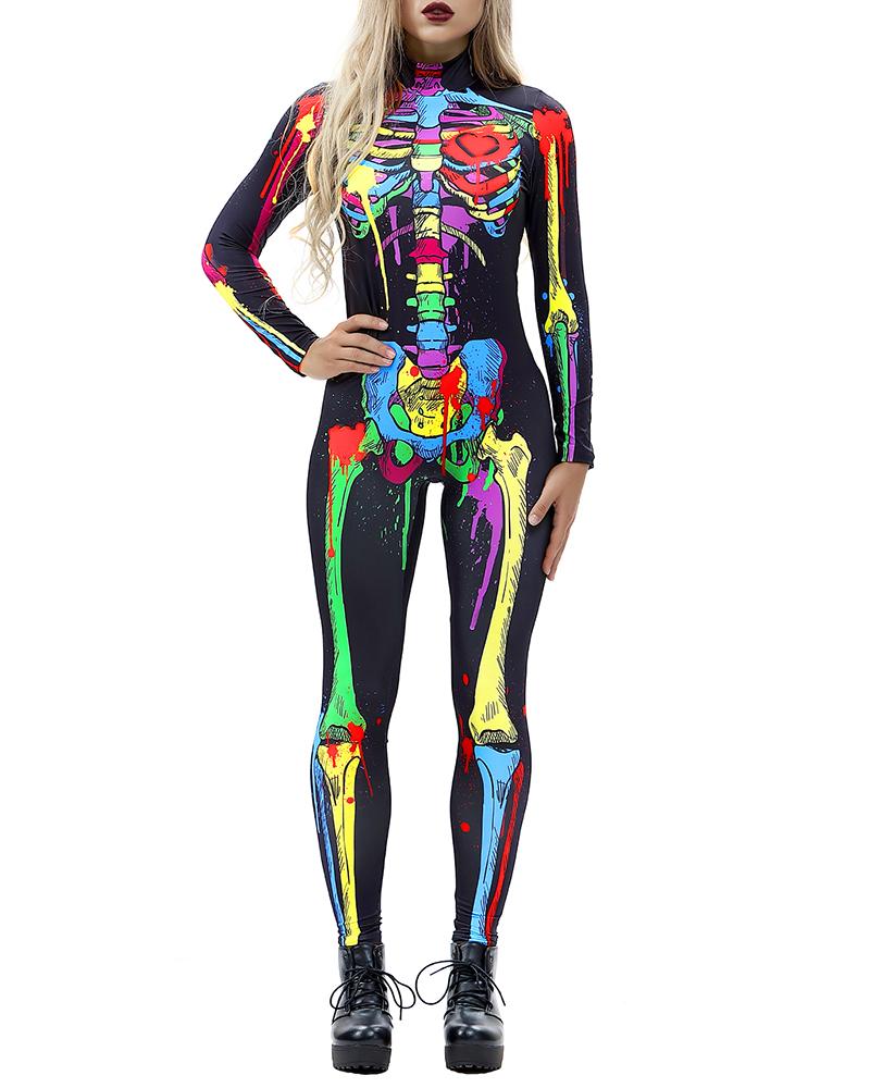 

Skull Skeleton Print Zip Back Halloween Costume Jumpsuit, Style3