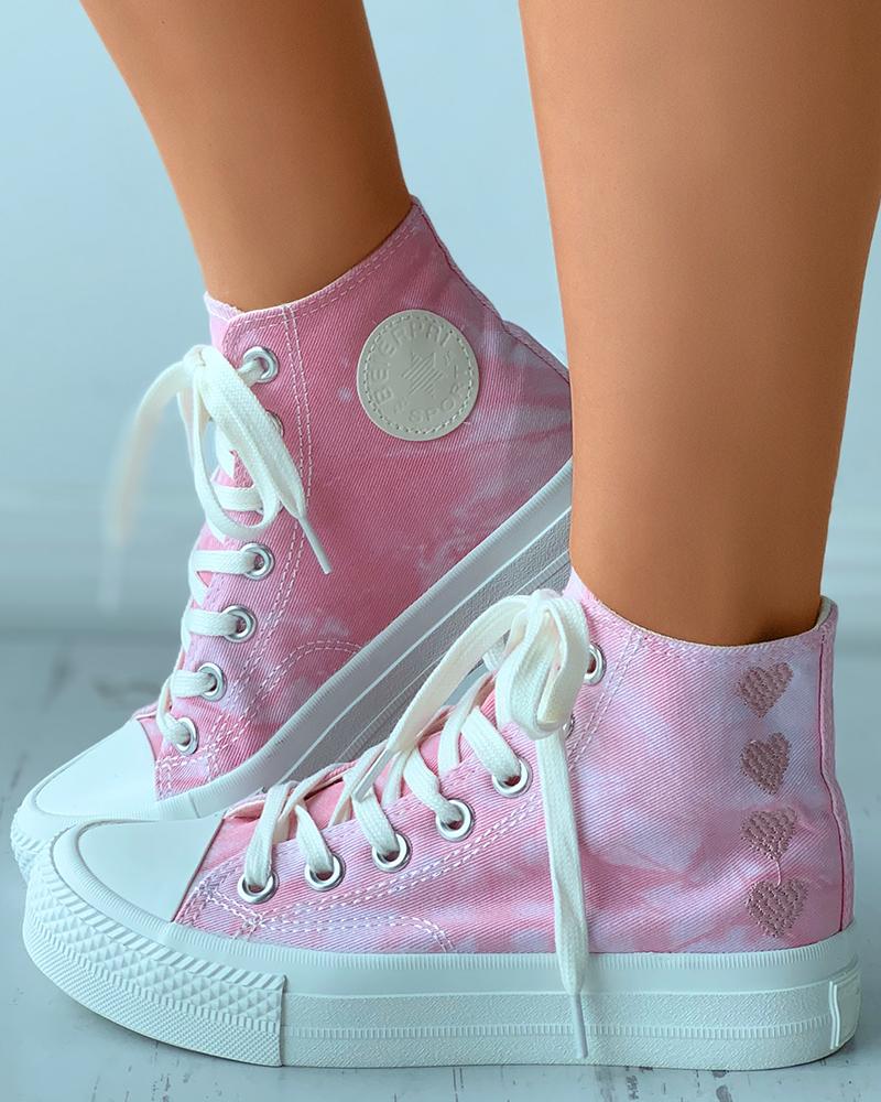 

Tie Dye Heart Embroidery Eyelet Lace-up Sneakers, Pink