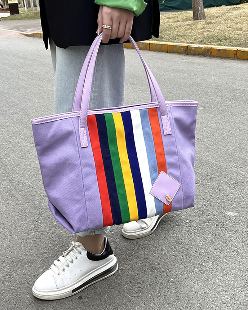 

Rainbow Stripe Print Canvas Tote Bag, Purple