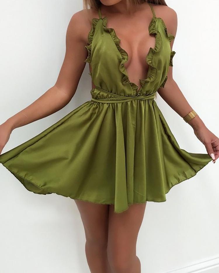 

Low Cut Crisscross Open Back Pleated Mini Dress, Army green