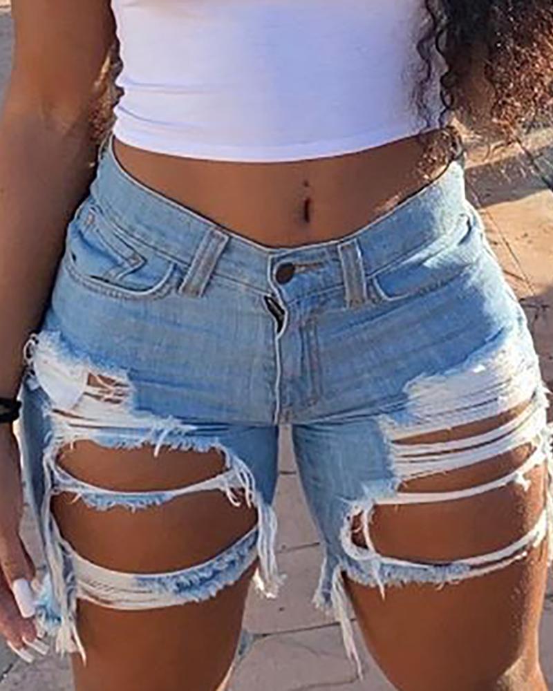 Short en denim décontracté à découpes et franges