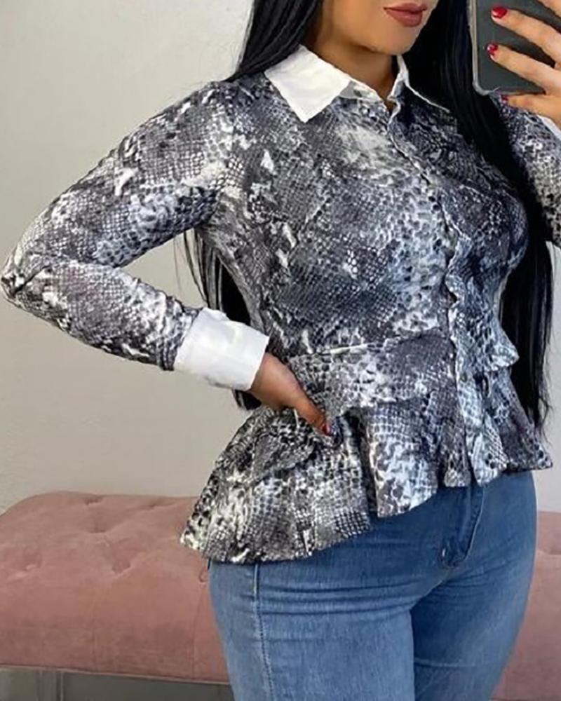 

Turn-down Collar Snakeskin Ruffles Long Sleeve Blouse, Gray