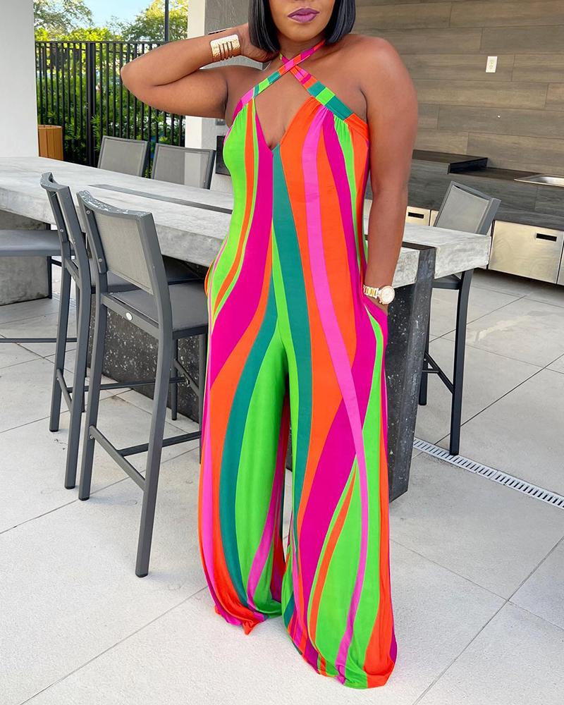

Colorblock Halter Backless Wide Leg Jumpsuit, Multicolor