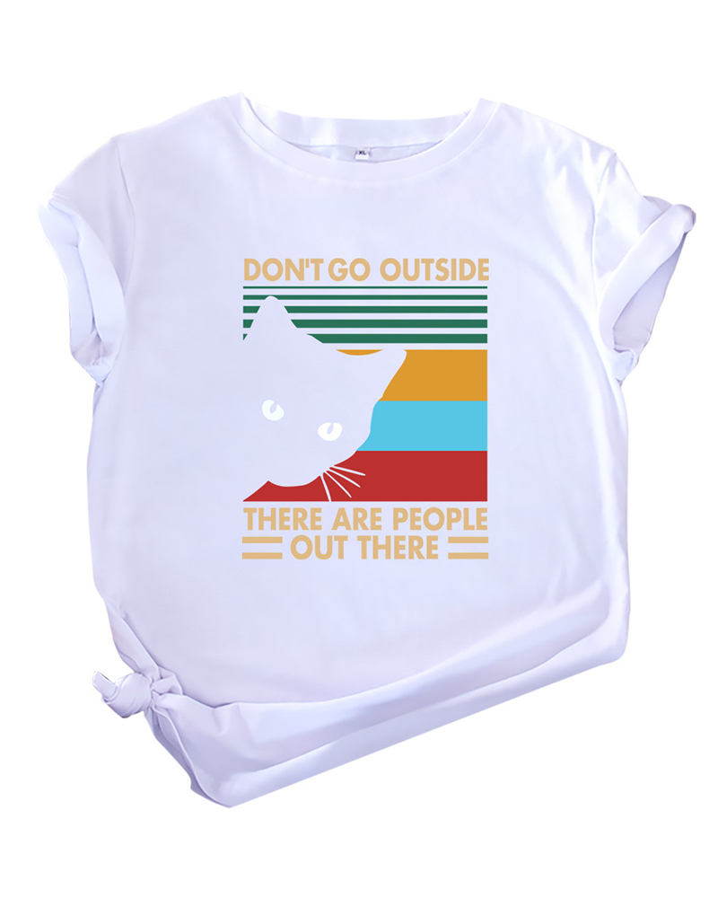 

Letter Cat Print Casual T-shirt, White