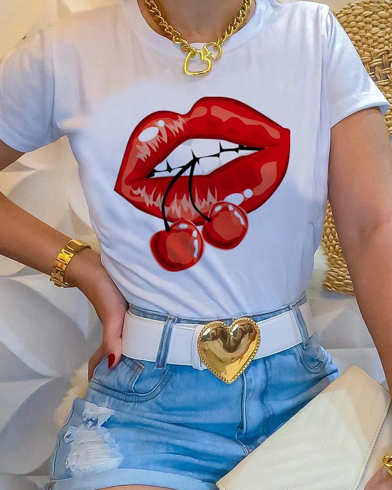 

Lip Cherry Print Short Sleeve T-shirt, White