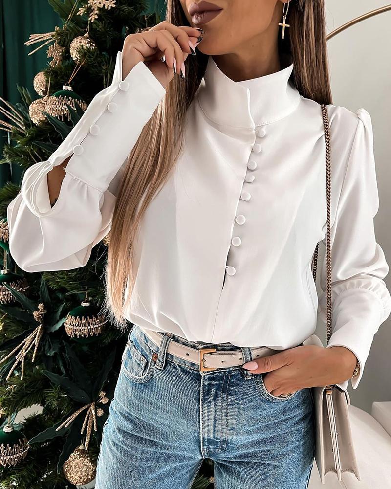 

High Neck Buttoned Puff Sleeve Top, White