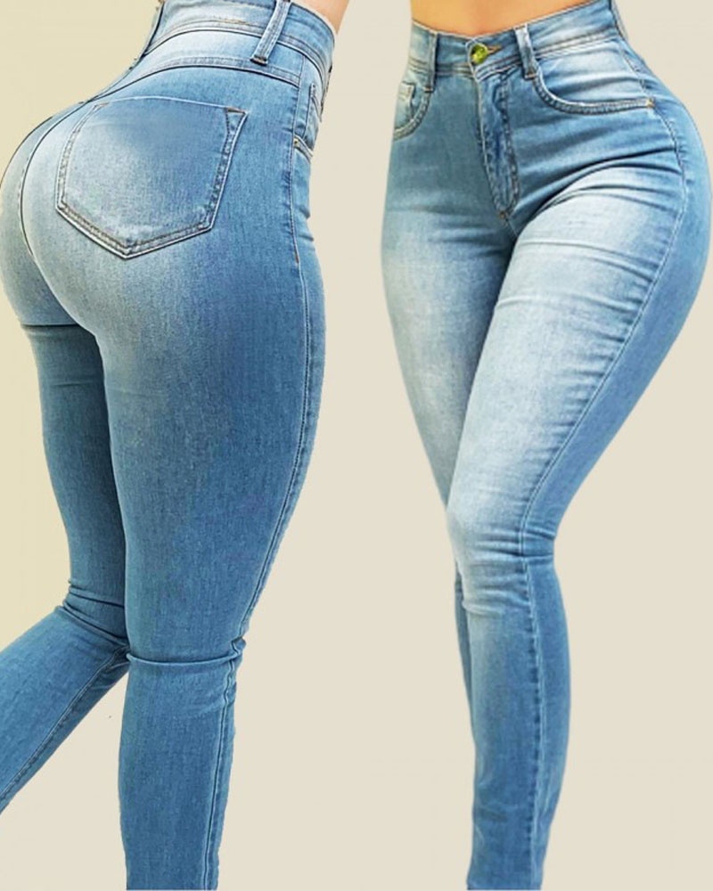 

High Waist Zipper Fly Skinny Jeans, Blue