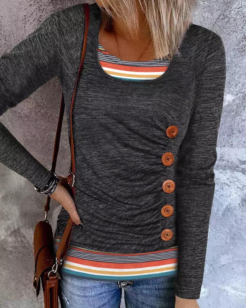 

Striped Patchwork Ruched Fake Two Piece Top, Gray