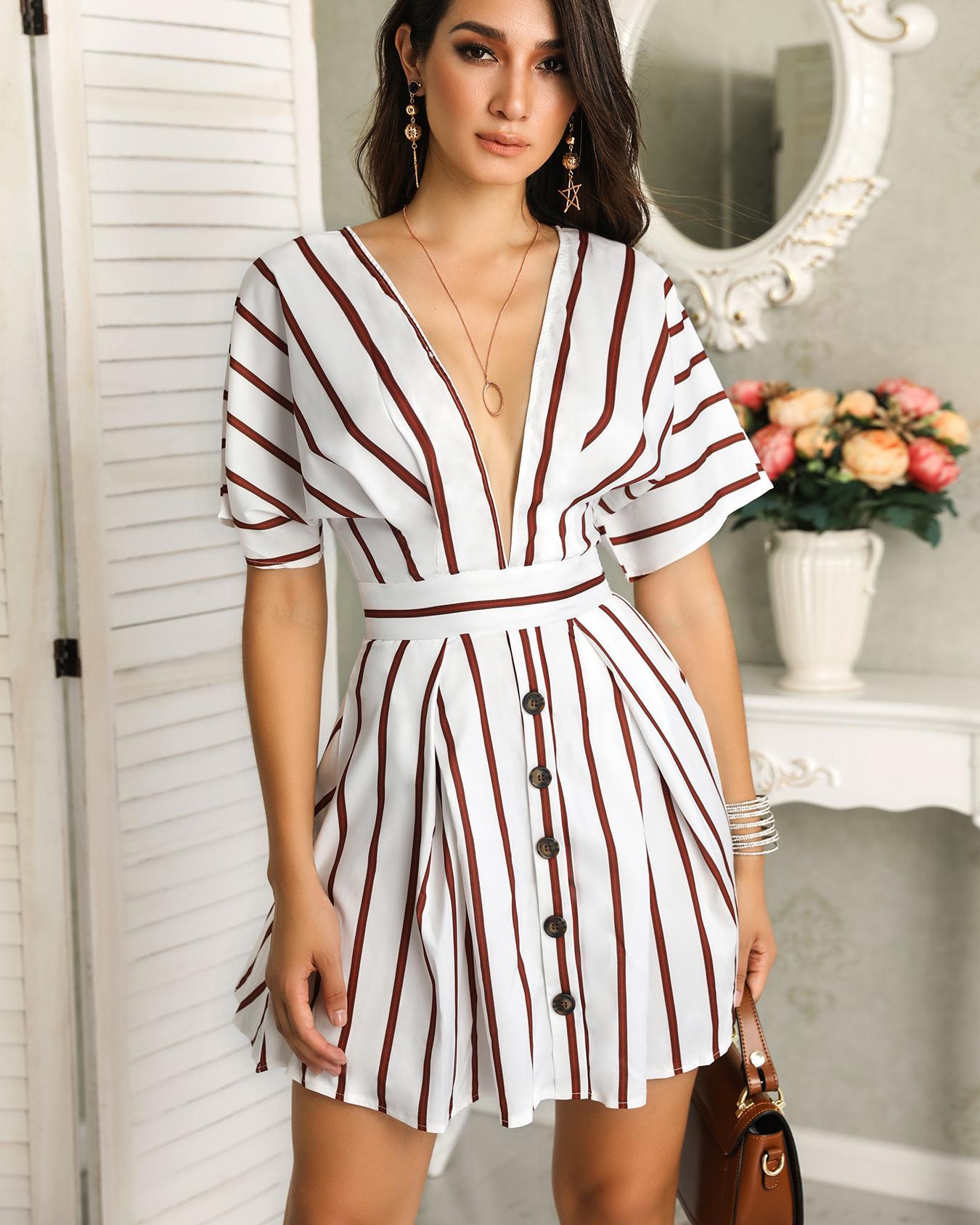

Vertical Stripes Plunge Button Design Casual Dress, Coffee