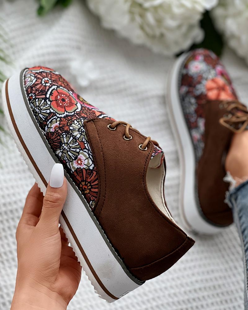 

Floral Pattern Lace-up Front Suede Shoes, Brown