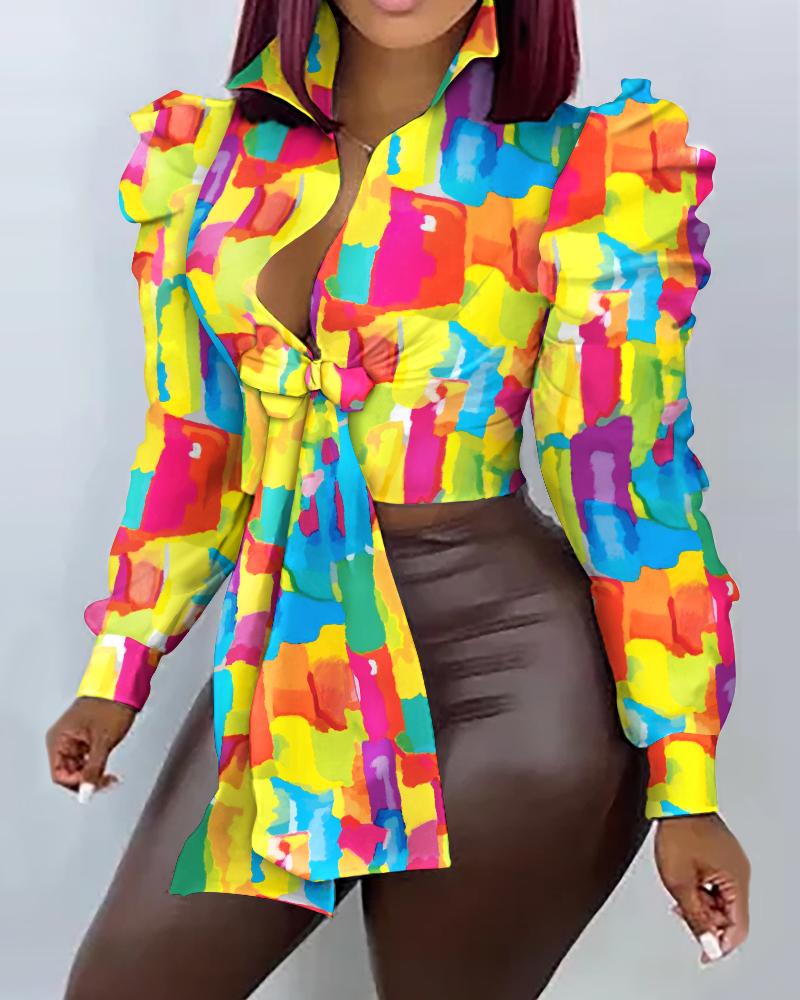 

Melting Colors All Over Print Knotted Detail Puff Sleeve Top, Multicolor