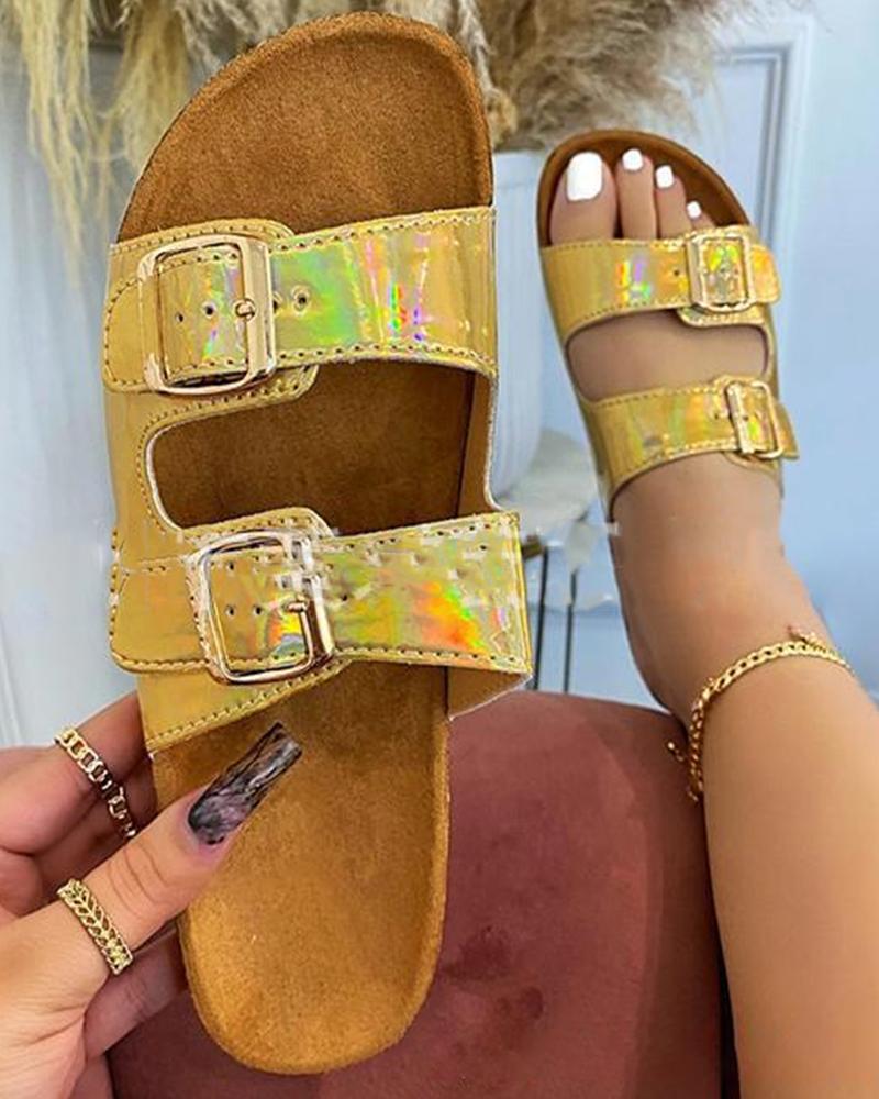 

Round-toe Solid Color Splicing Double Buckles Platform Slippers, Gold