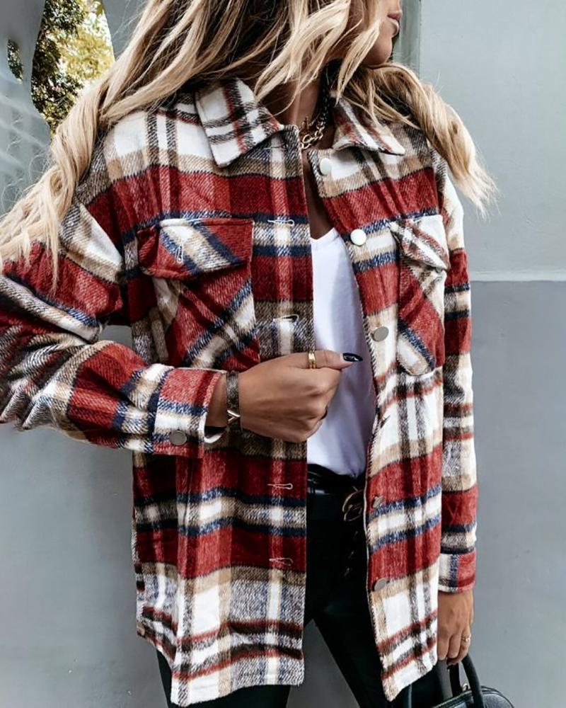

Plaid Print Pocket Design Buttoned Shacket, Red