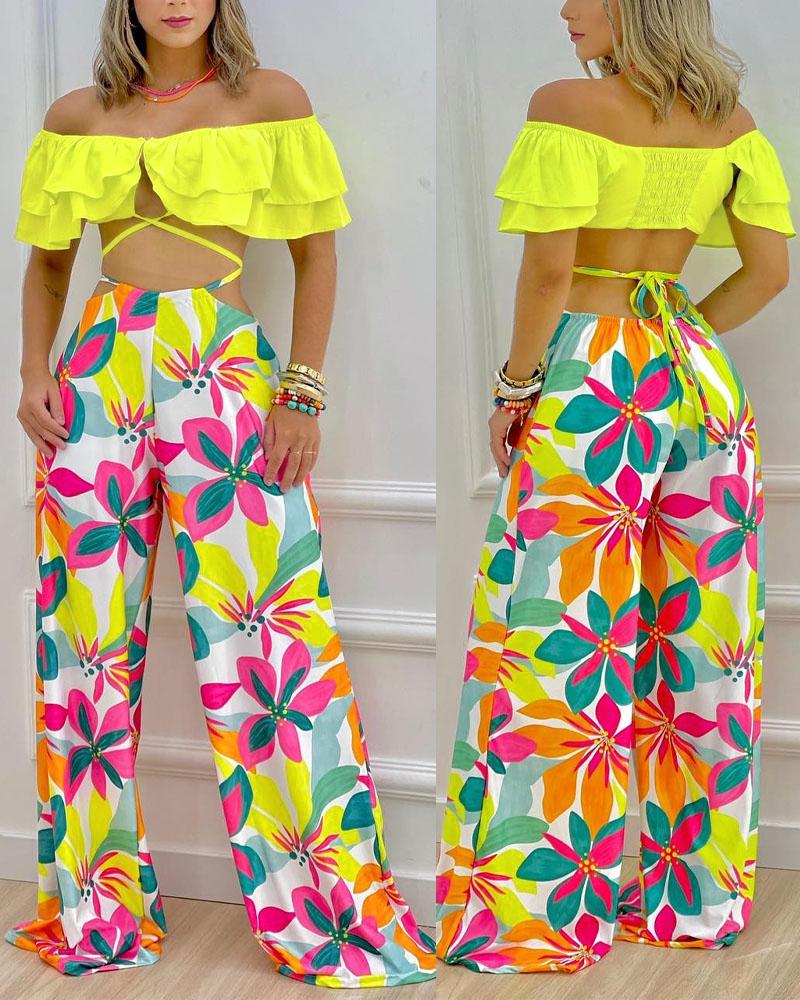 

Off Shoulder Ruffle Hem Crop Top & Floral Print Pants Set, Yellow
