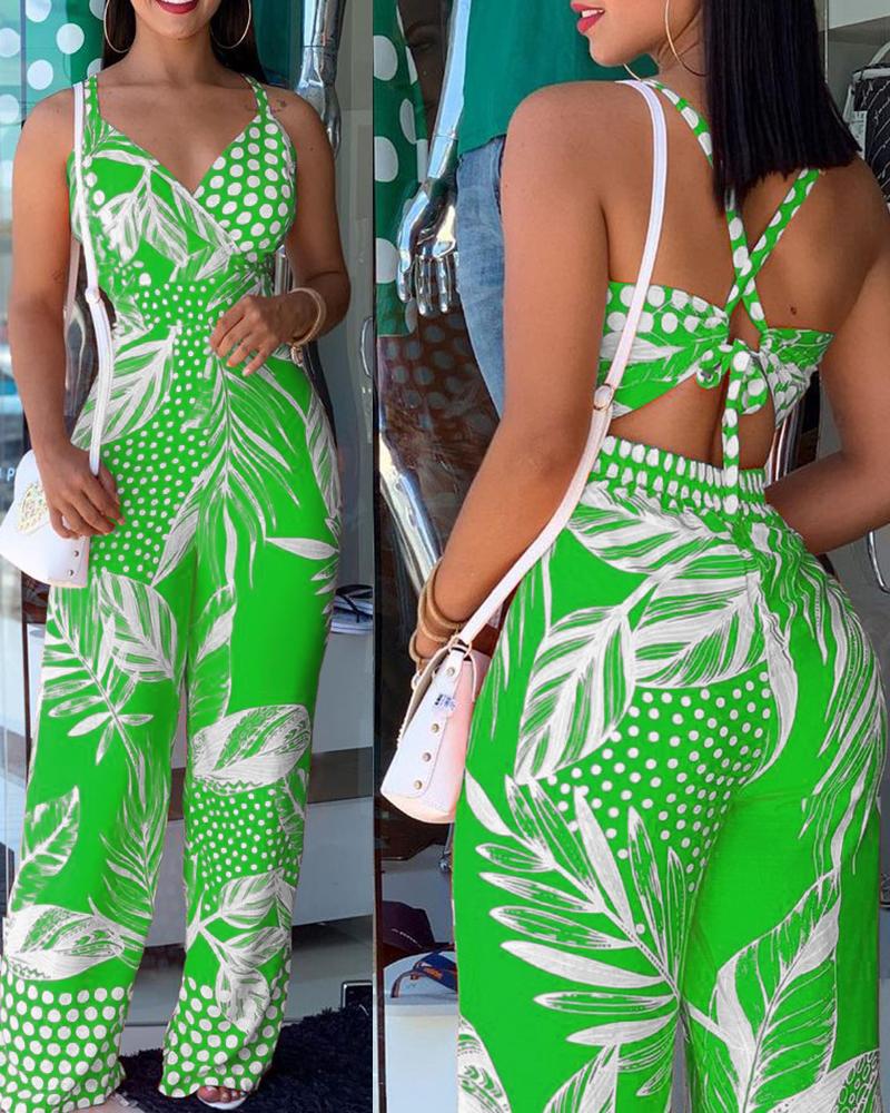 

Tropical Print Spaghetti Strap Jumpsuit, Green