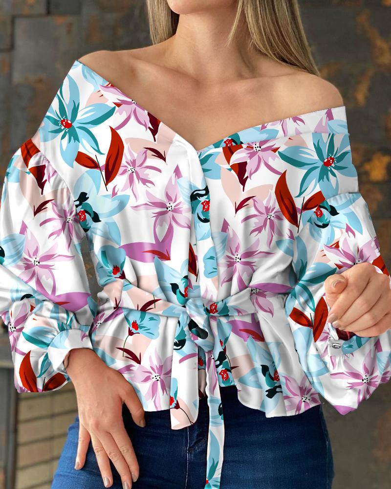 

Floral Print Off Shoulder Lantern Sleeve Tie Front Top, Multicolor