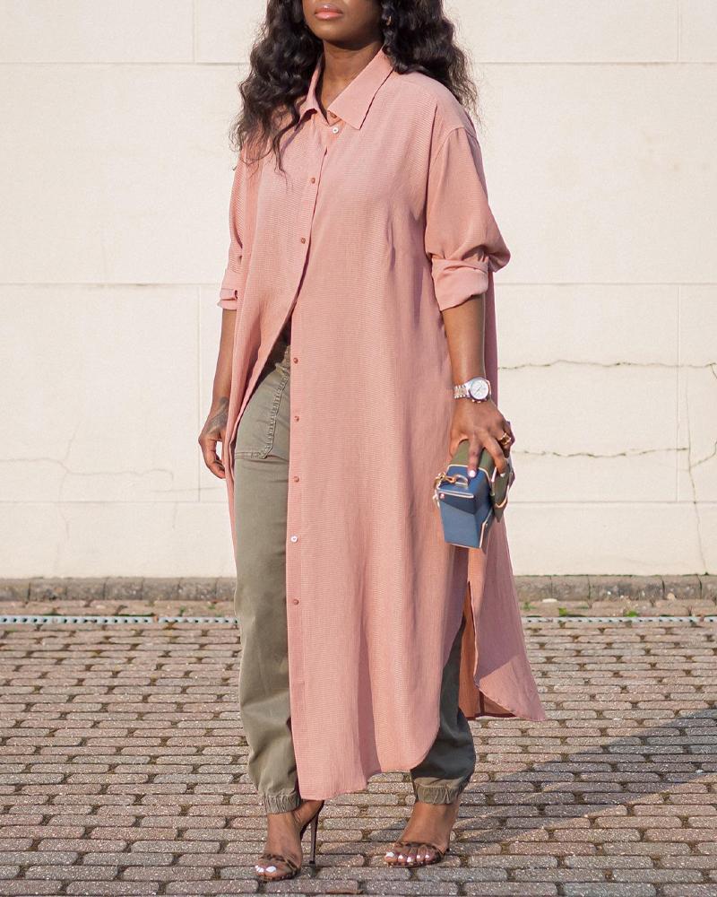 

Long Sleeve Button Down Shirt Dress, Pink