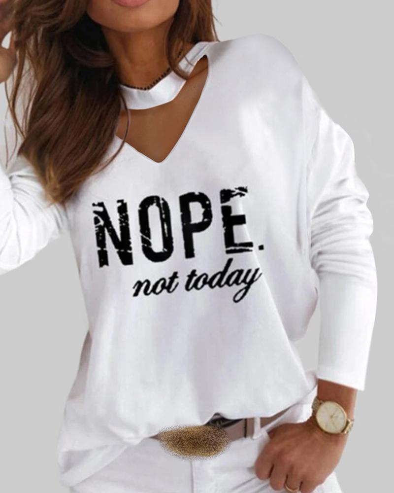 

Cutout Front Letter Print Long Sleeve Women Top, White