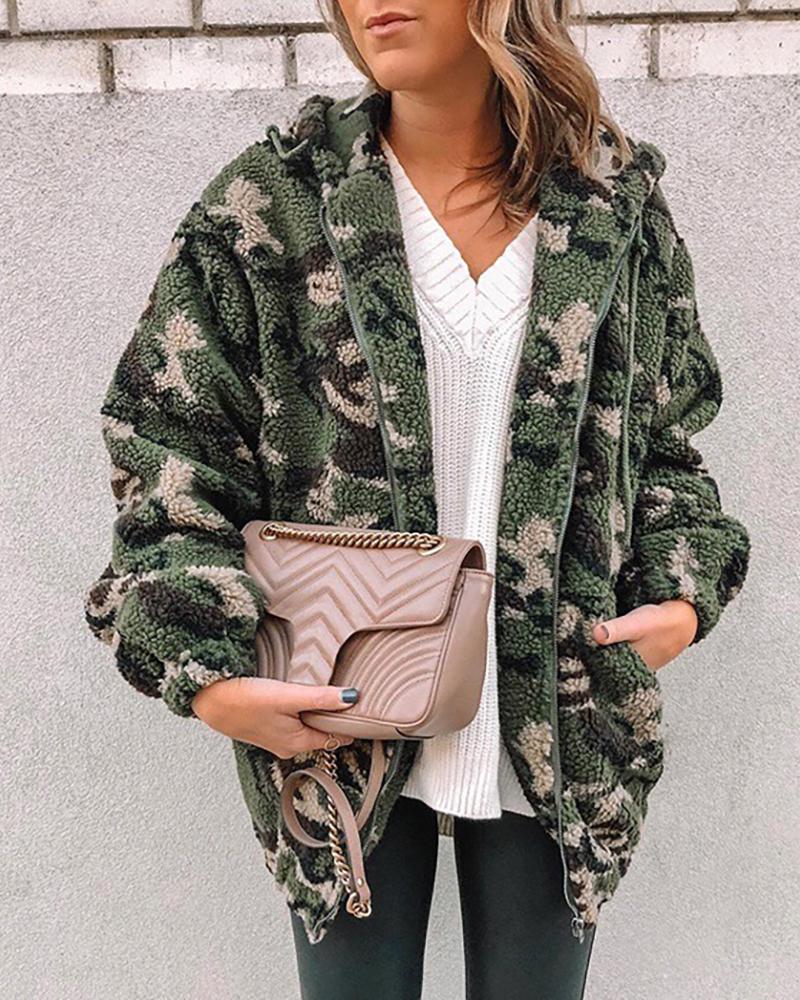 

Camouflage Fluffy Hooded Teddy Coat, Army green