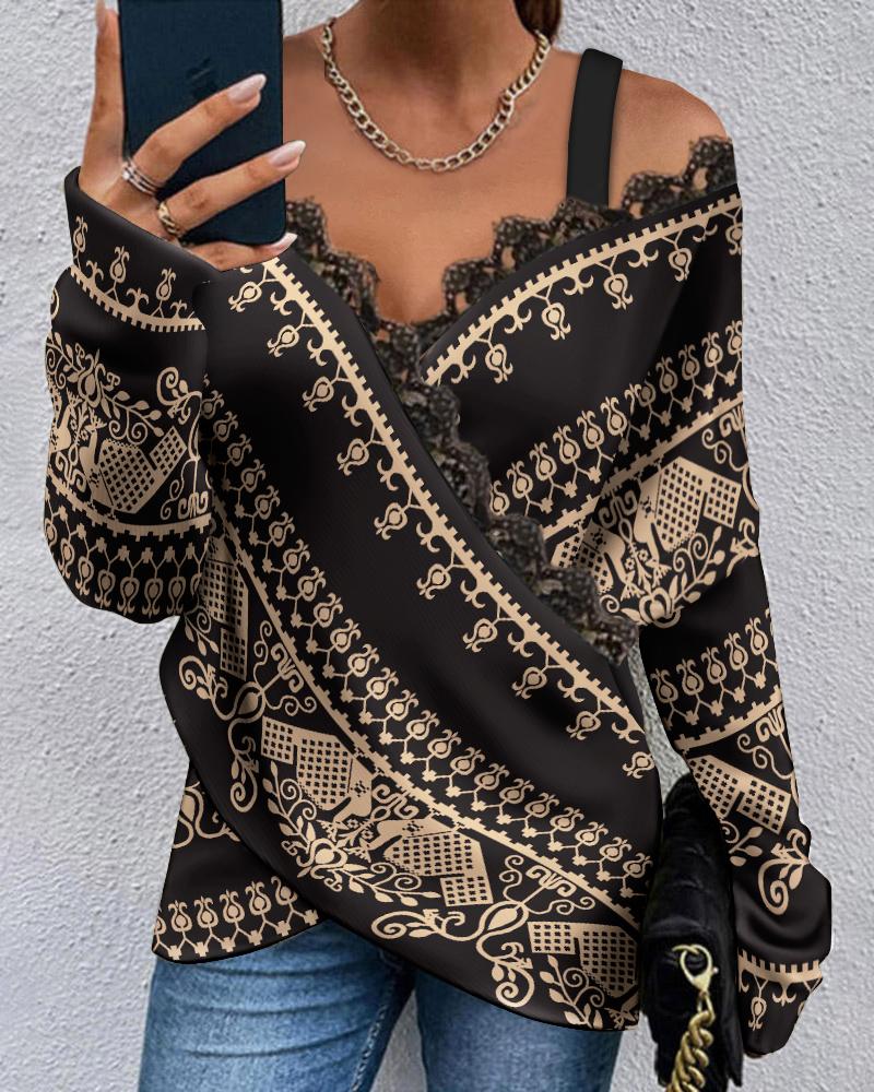 

Tribal Print Contrast Lace Cold Shoulder Wrap Top, Black