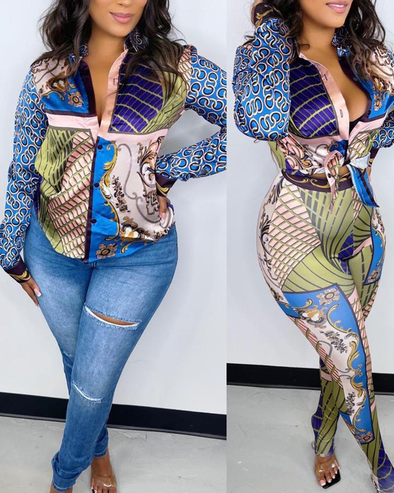 

Baroque Scarf Print Top & High Waist Pants Set, Blue