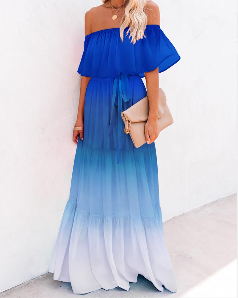 

Gradient Color Tie Dye Print Off Shoulder Layered Ruffles Maxi Dress, Blue