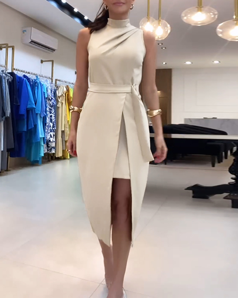 

Vestido midi falso de dos piezas con abertura sin mangas y fruncido, Khaki