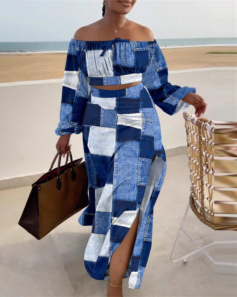 

Denim Look Print Off Shoulder Top & Slit Skirt Set, Blue