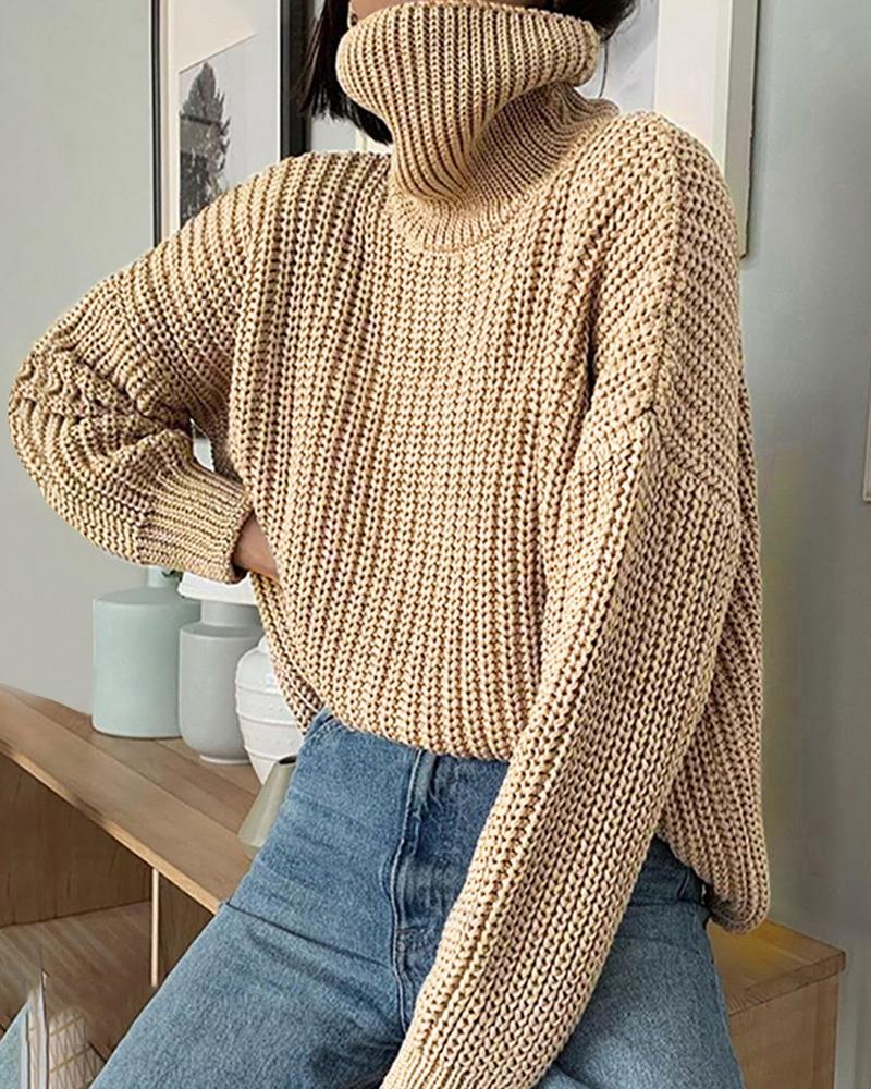 

High Neck Long Sleeve Casual Knit Sweater, Khaki