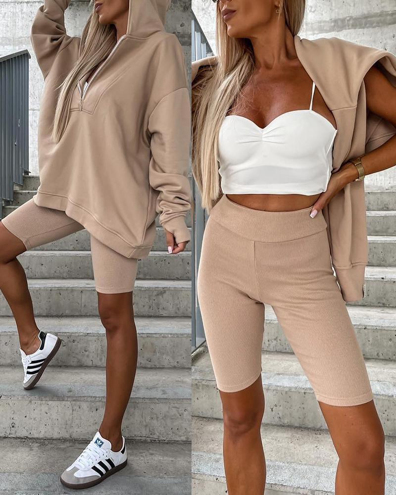

Zipper Design Hooded Sweatshirt & Sweat Shorts Set, Beige