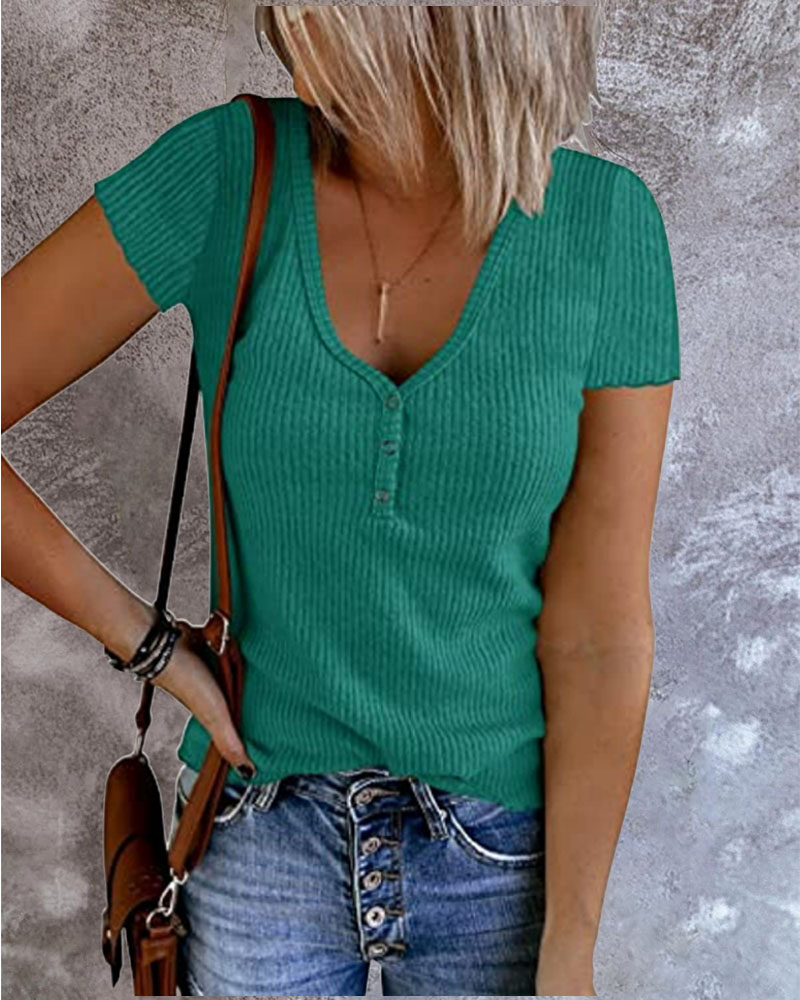 

Short Sleeve Button Front V-Neck Casual T-shirt, Green