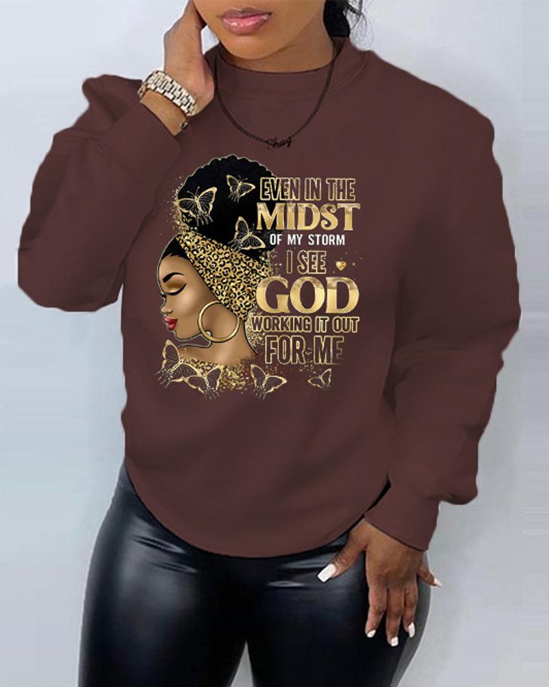 

Plus Size Figure Letter Print Long Sleeve Sweatshirt, Coffee