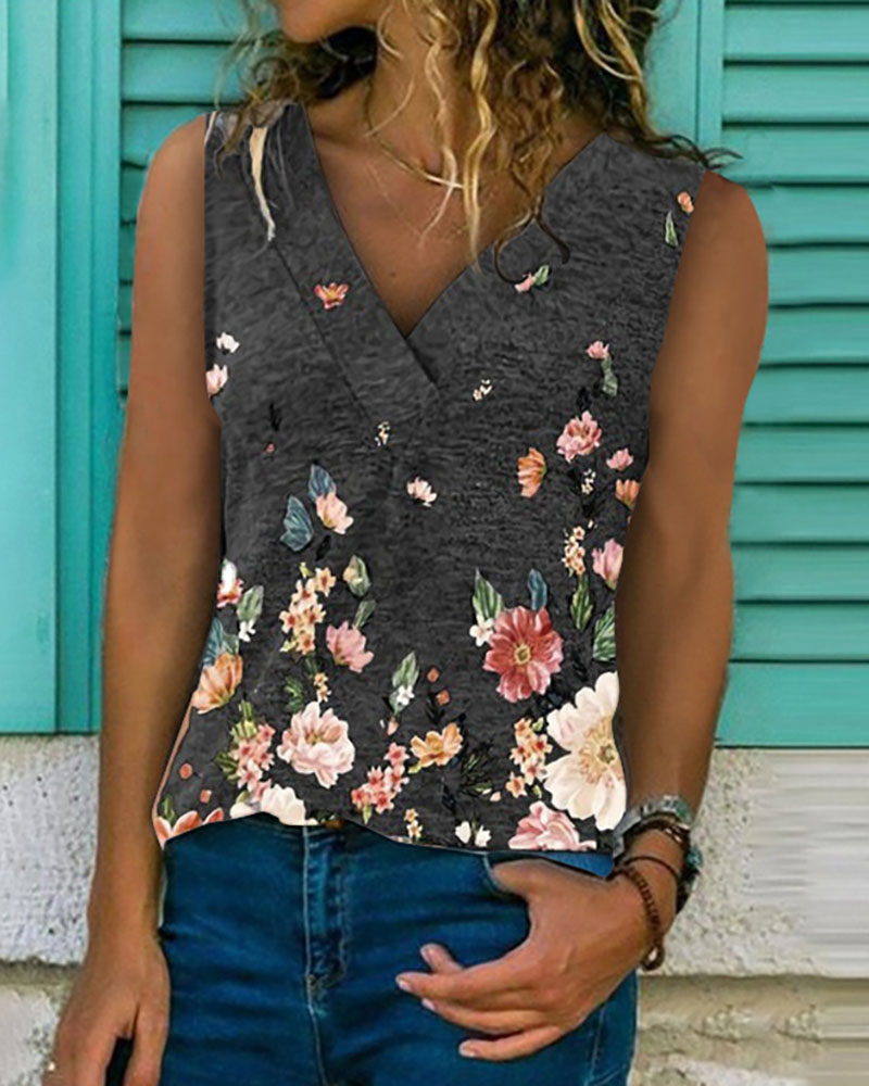 

Floral Print V Neck Casual Tank, Black